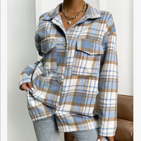 Oversized Relaxed Fit Plaid Button Down Jacket Shacket Coat - Picture 4 of 6